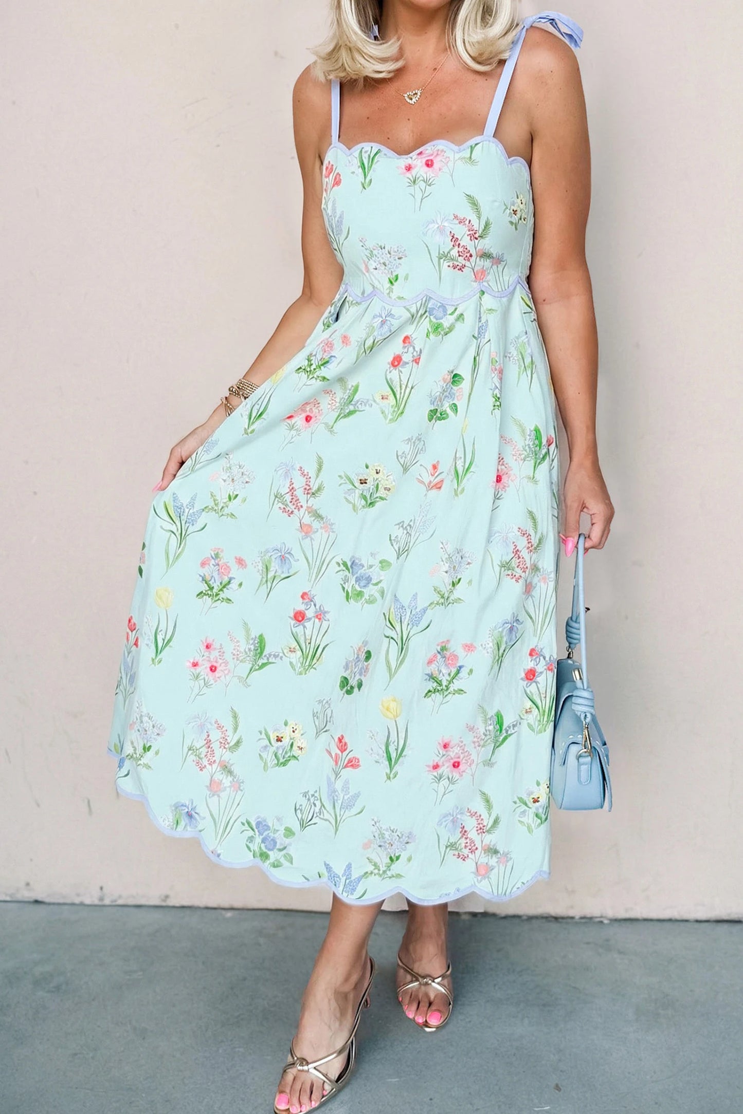 shop similar  shop similar  Beige Floral Print Contrast Trim Self-tie Straps High Waist Midi Dress