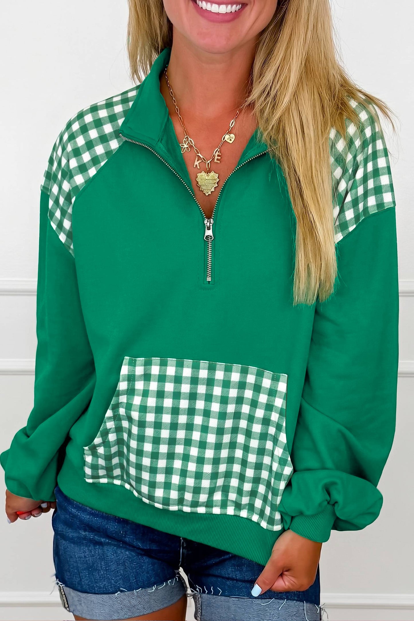 Racing Red Patchwork Plaid Pocket Quarter Zip Sweatshirt