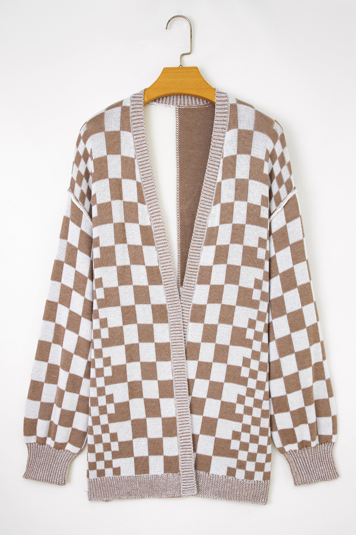 Orange Checkered Bubble Sleeve Drop Shoulder Open Cardigan