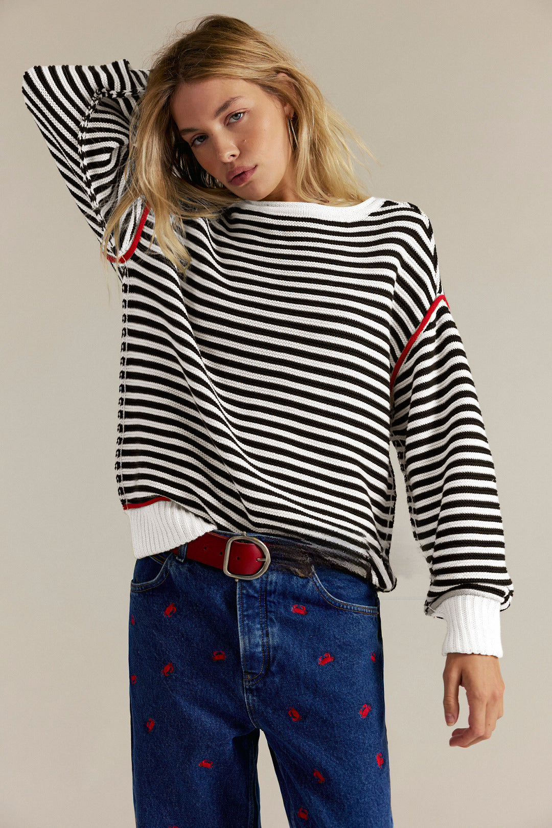 Striped Crewneck Knit Sweater | Loose Fit Pullover Top