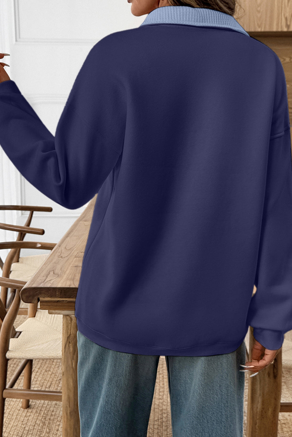 Dirty blue Drop Shoulder Metal Button Casual Pullover Sweatshirt