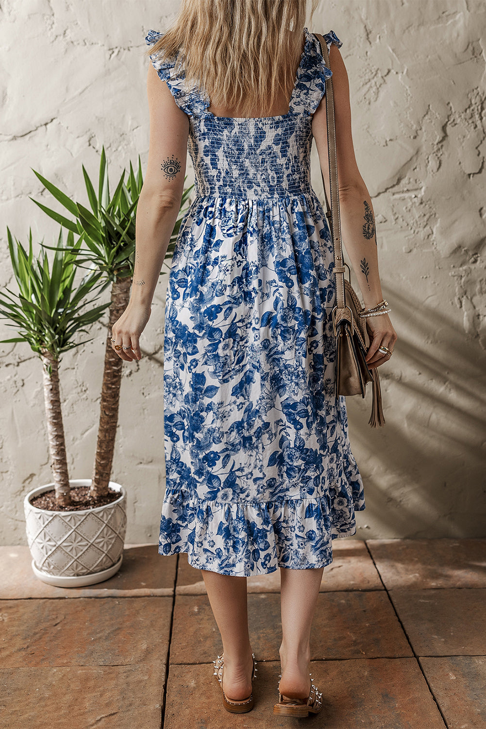 Blue Floral Ruffle Strap Square Neck Smocked Bodice Midi Dress