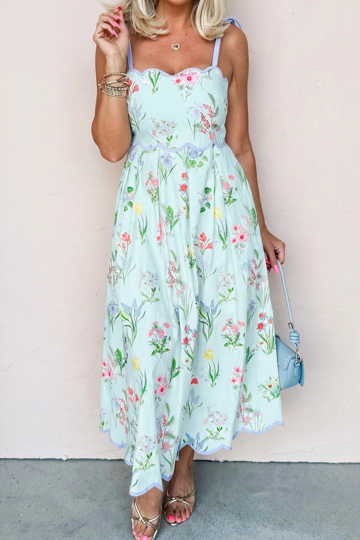 shop similar  shop similar  Beige Floral Print Contrast Trim Self-tie Straps High Waist Midi Dress