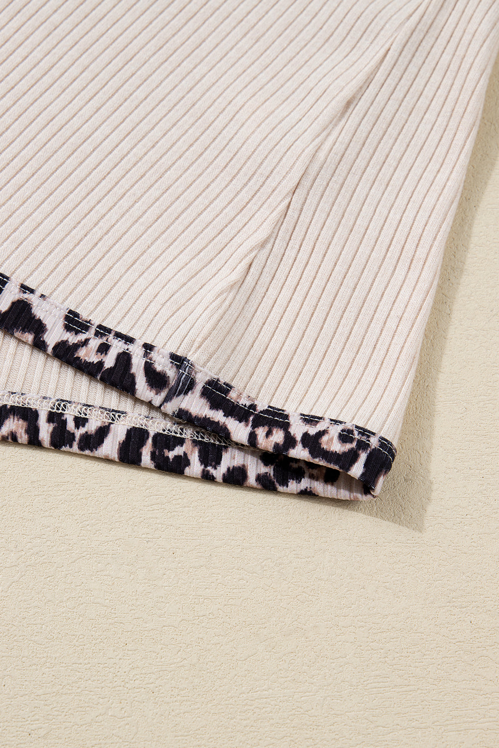 Parchment Ribbed Contrast Leopard Edge Round Neck Plus Knit Top