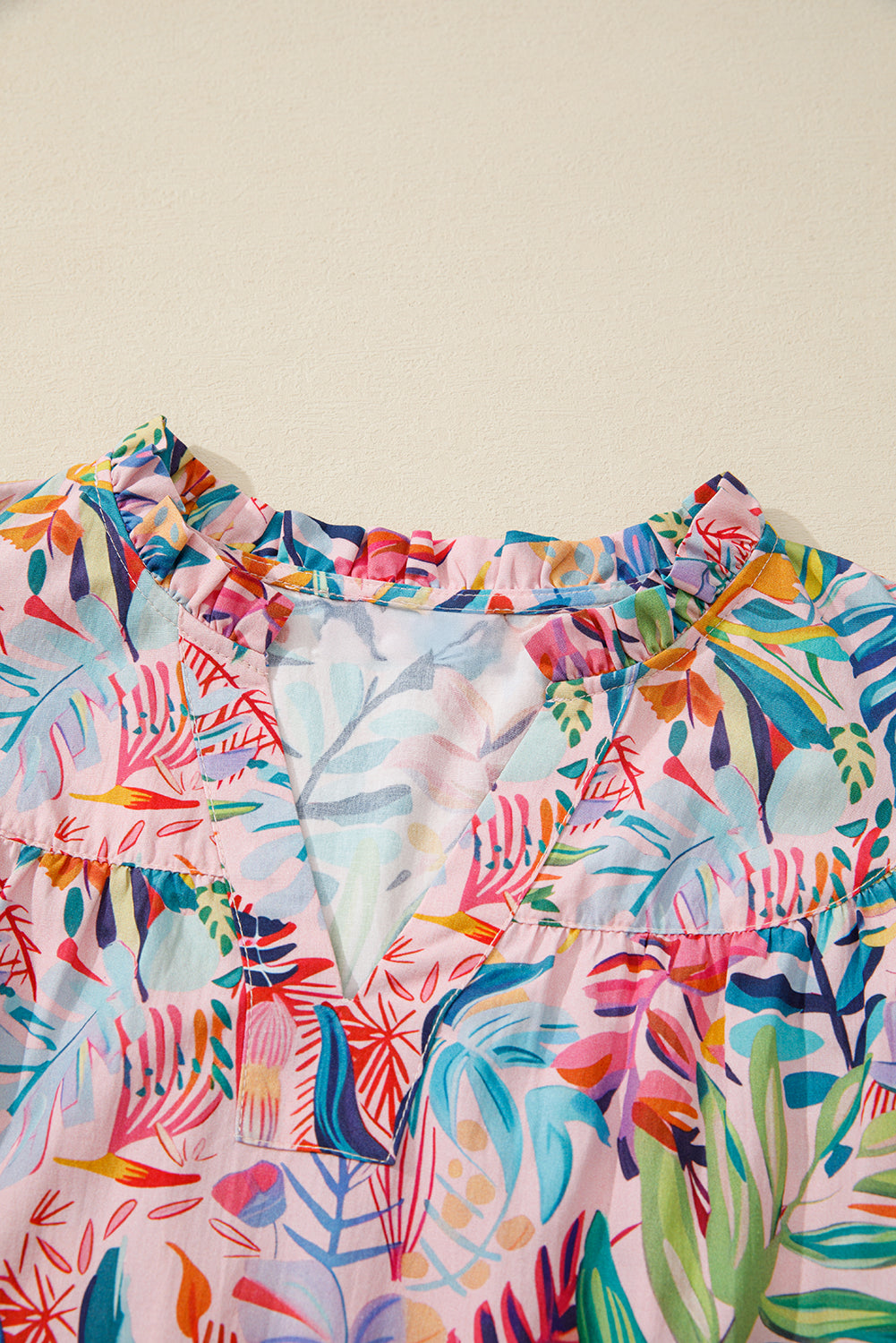 Pink Tropical Floral Print Frilly Notched Neck Ruffled Short Sleeve Blouse