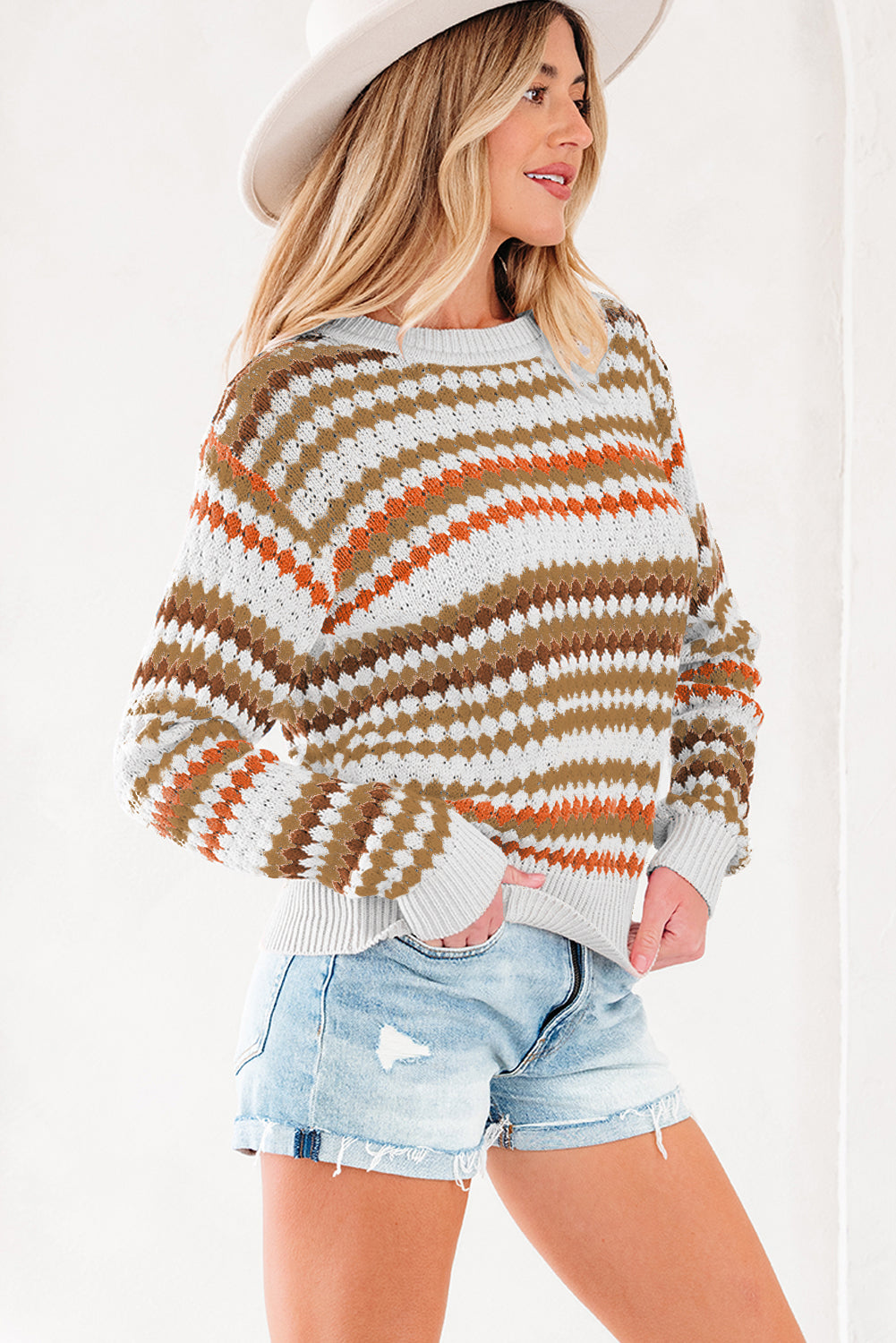 Khaki Stripe Eyelet Patterned Drop Shoulder Sweater