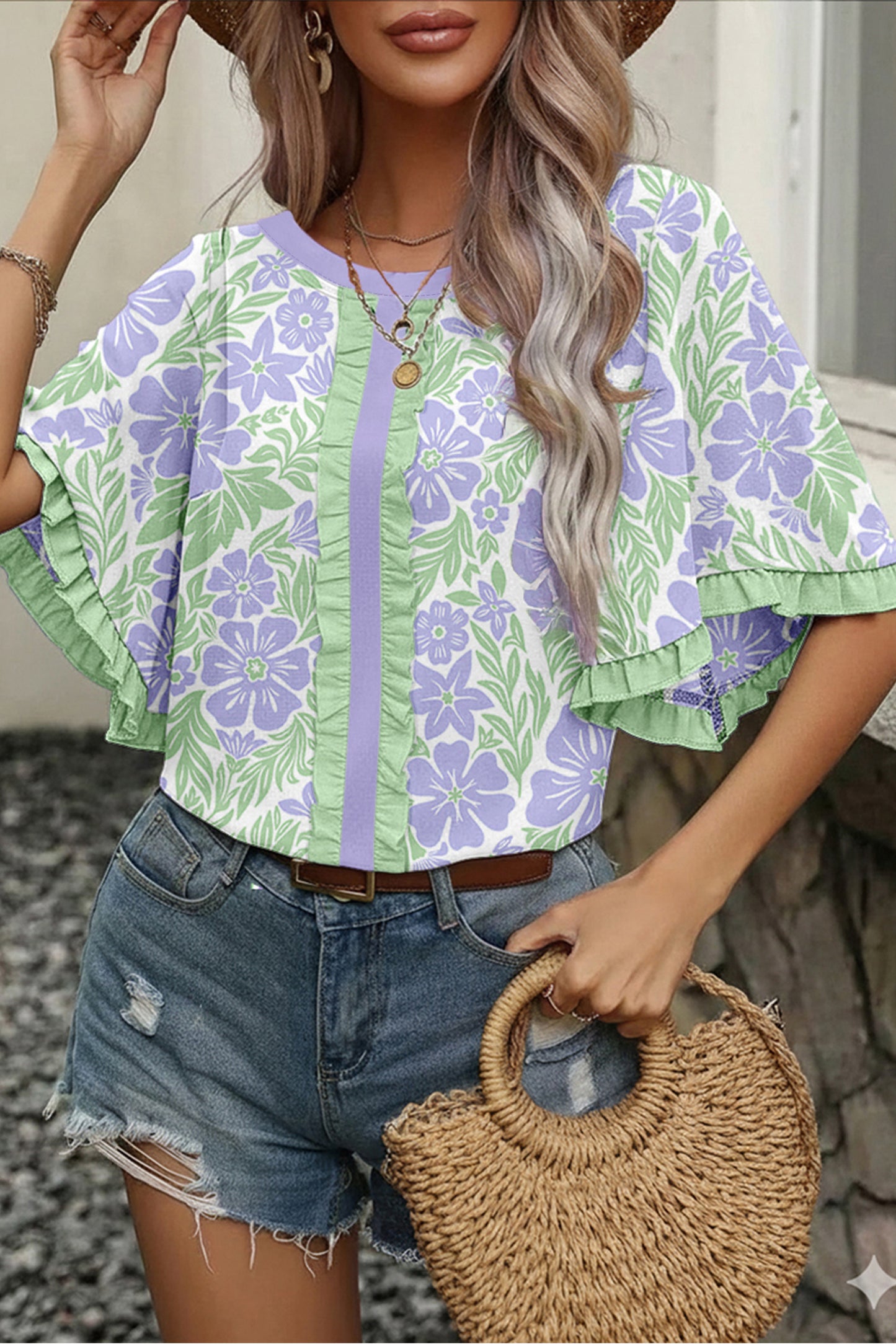 Floral Viscose Blouse Casual Ruffle Trim Flutter Sleeve Top