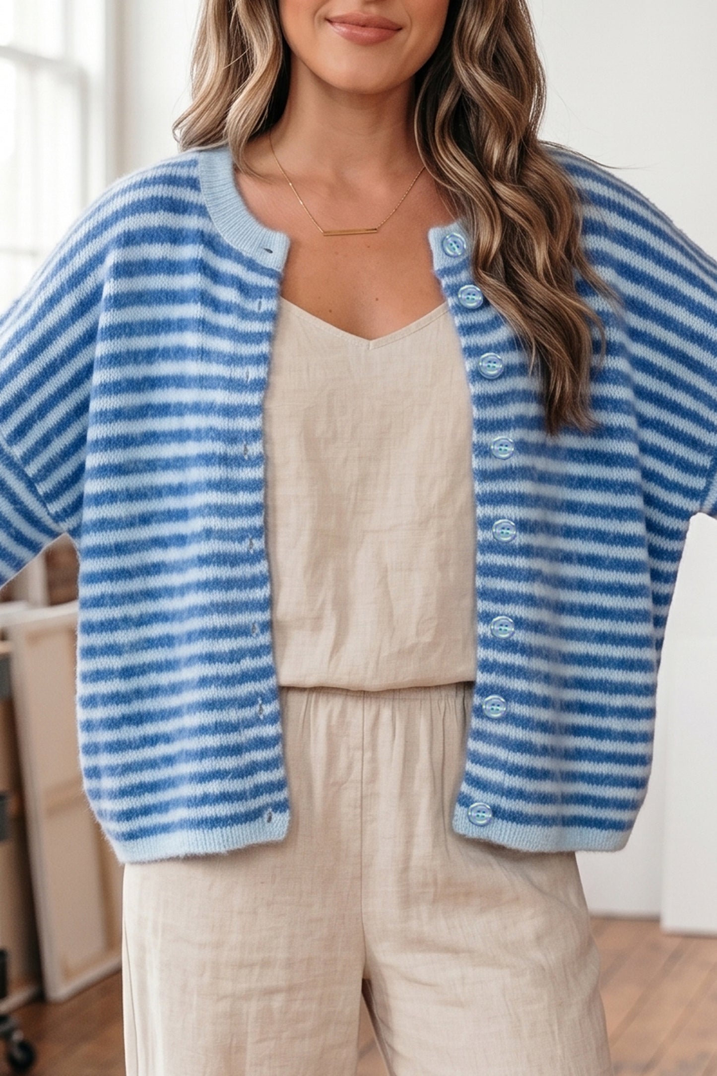 Blue Stripe Loose Knit Cardigan Half Sleeve Button Down Sweater