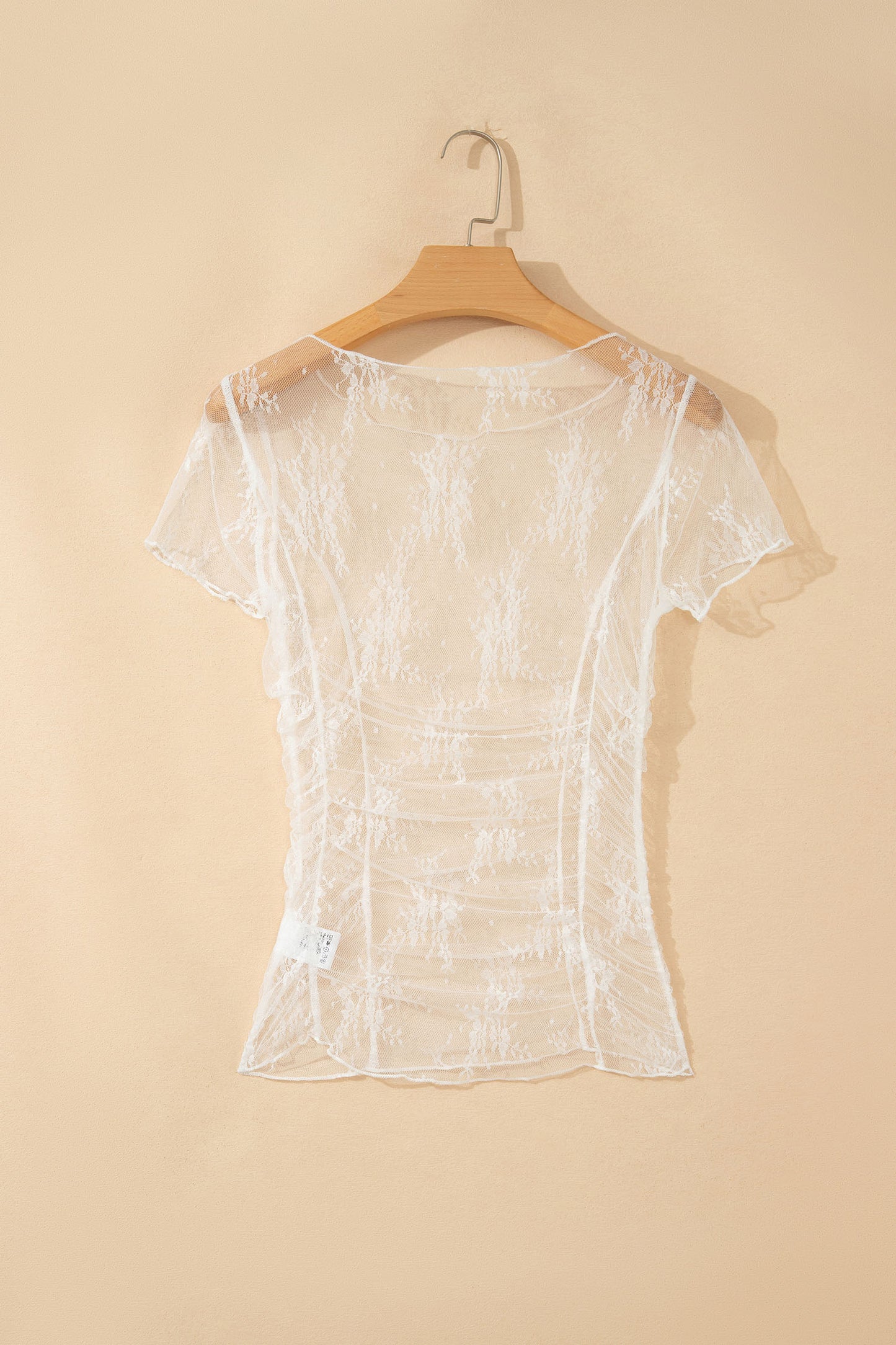 White Exposed Seam Ruched Sheer Floral Mesh Top