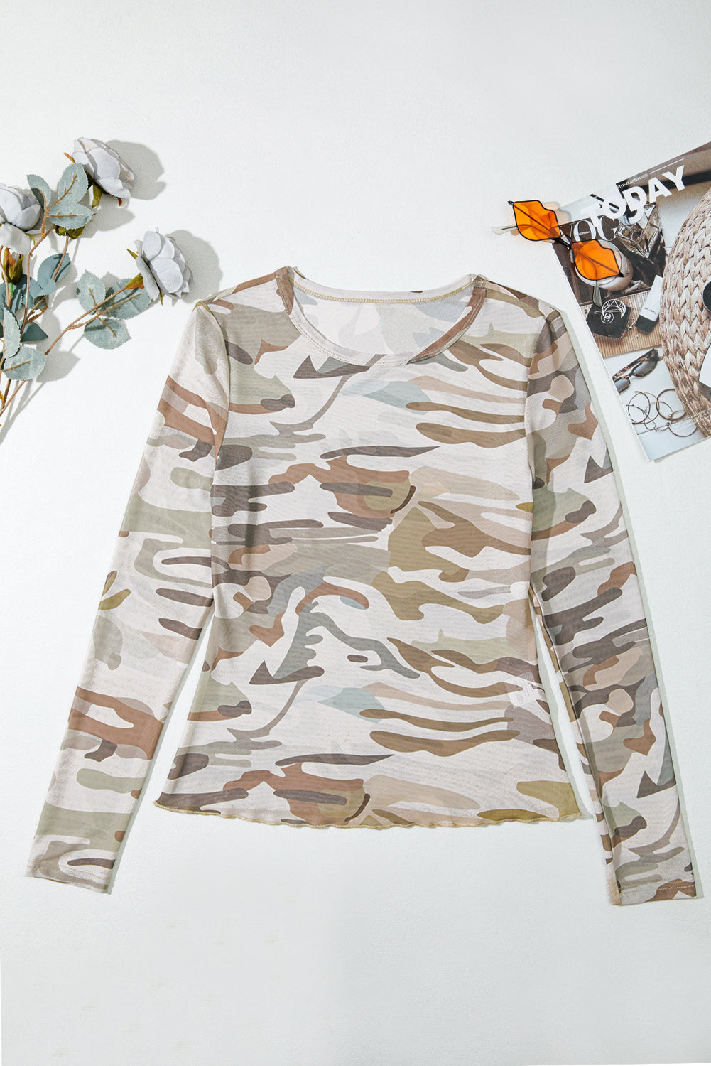Green Western Fashion Camouflage Print Mesh Long Sleeve Top