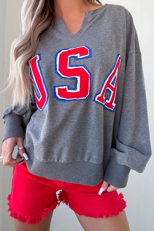 Medium Grey USA Patriotic Graphic Notched Neckline Drop Shoulder Pullover Sweatshirt