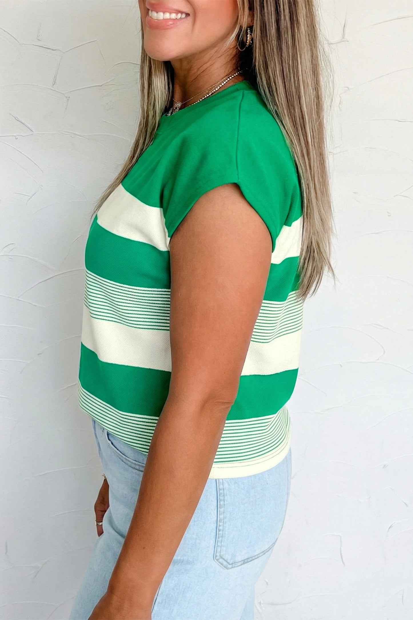 Green Stripe Mixed Print Crew Neck Cap Sleeve T Shirt
