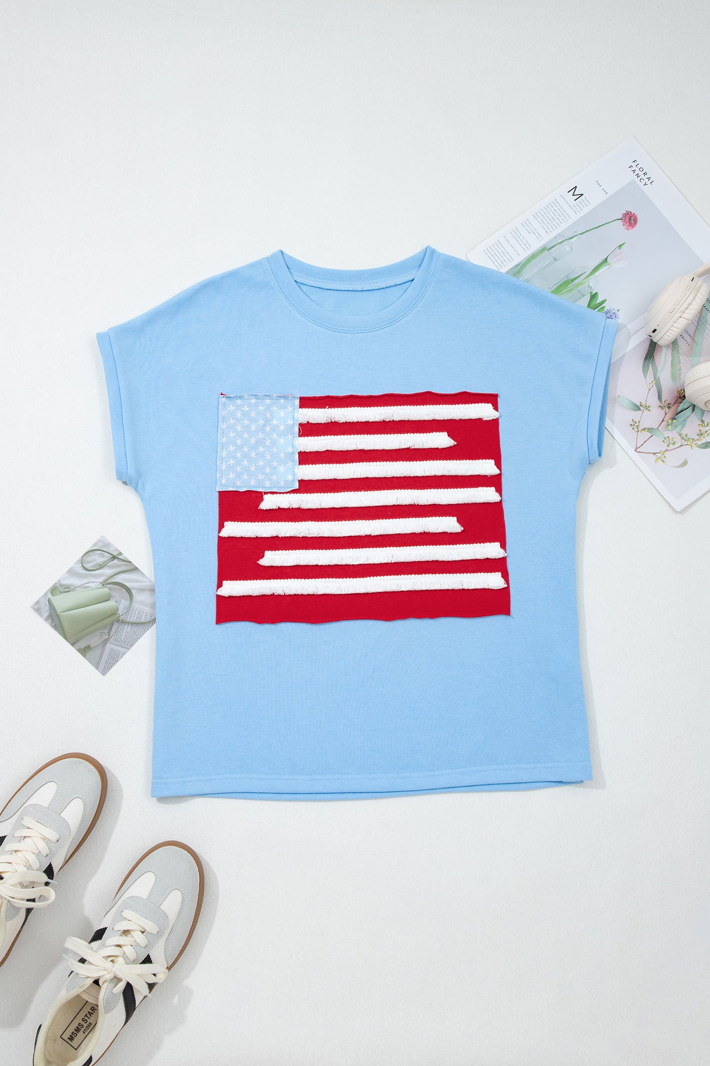 Flag Print Polyester Tee Short Sleeve Casual Shift