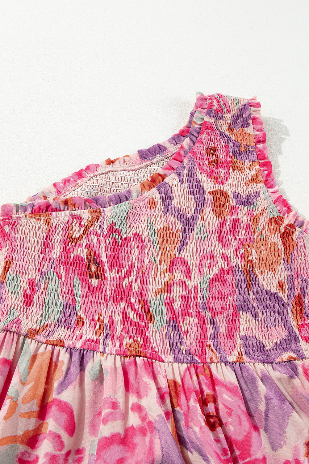 Pink Abstract Floral Print Shirred One Shoulder Maxi Dress