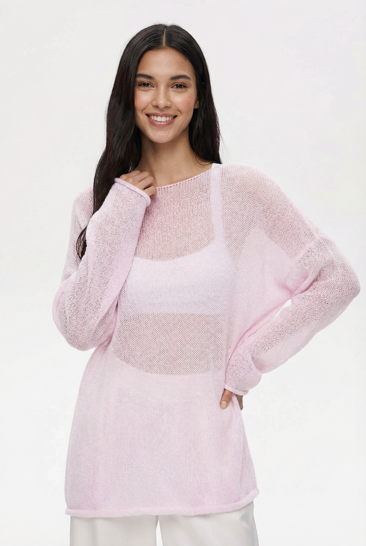 Solid Color Sheer Knit Drop Shoulder Sweater Top