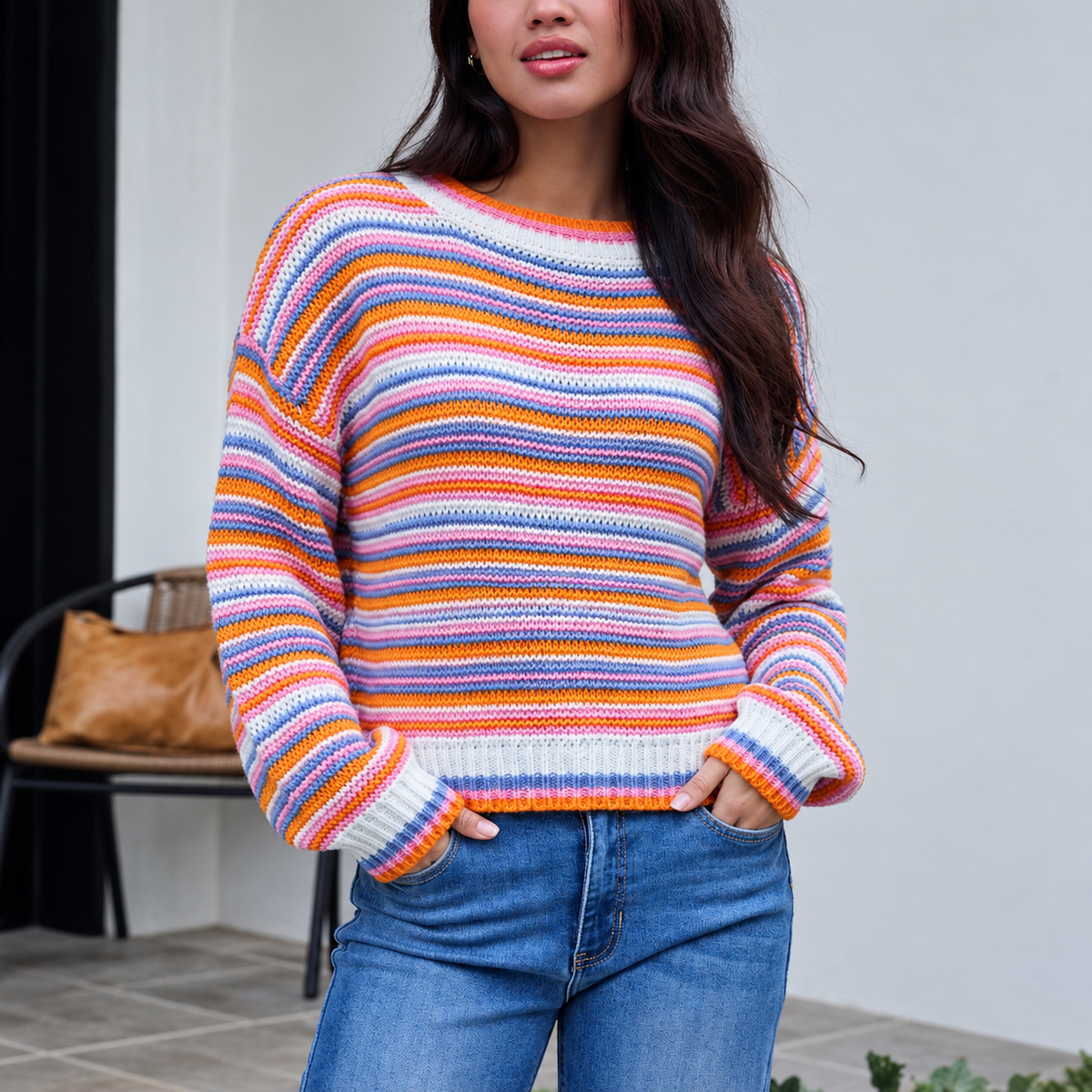 Women's Colorful Striped Crewneck Oversized Sweater