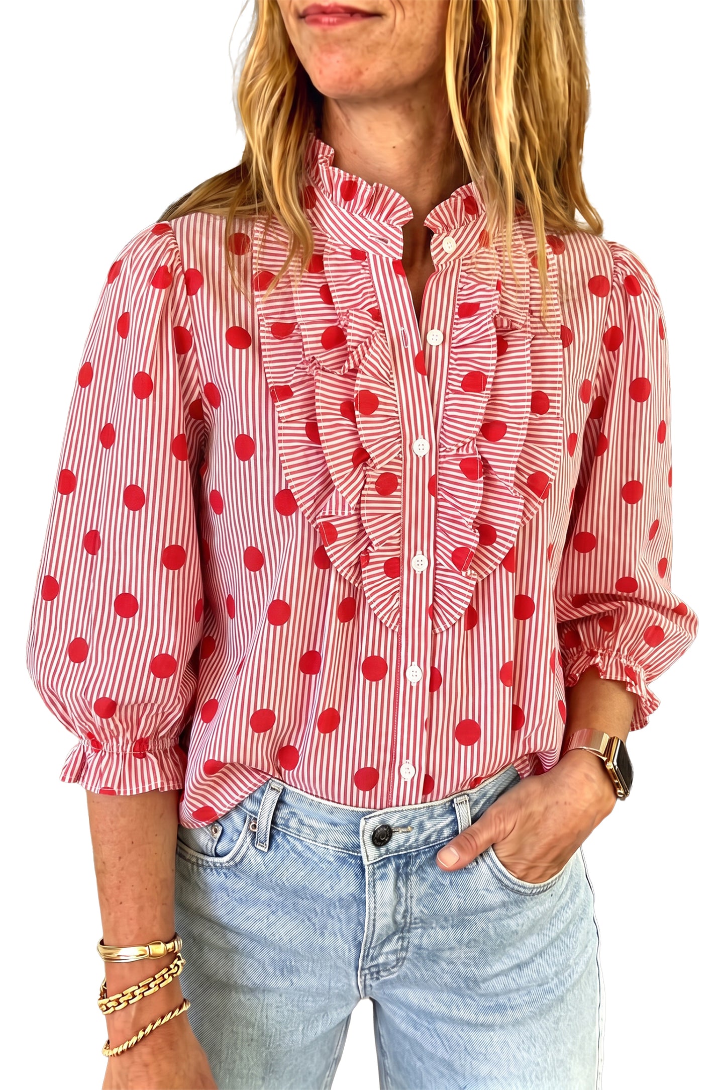 Black white Polka Dot Striped Print Ruffle Stand Neck 3/4 Sleeve Shift Shirt