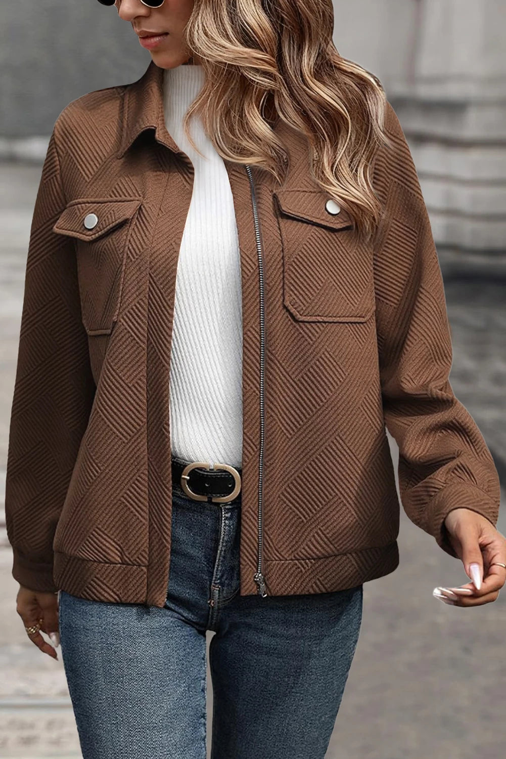 Blackish Green Solid Color Zip Up Button Flap Pocket Shirt Collar Jackets