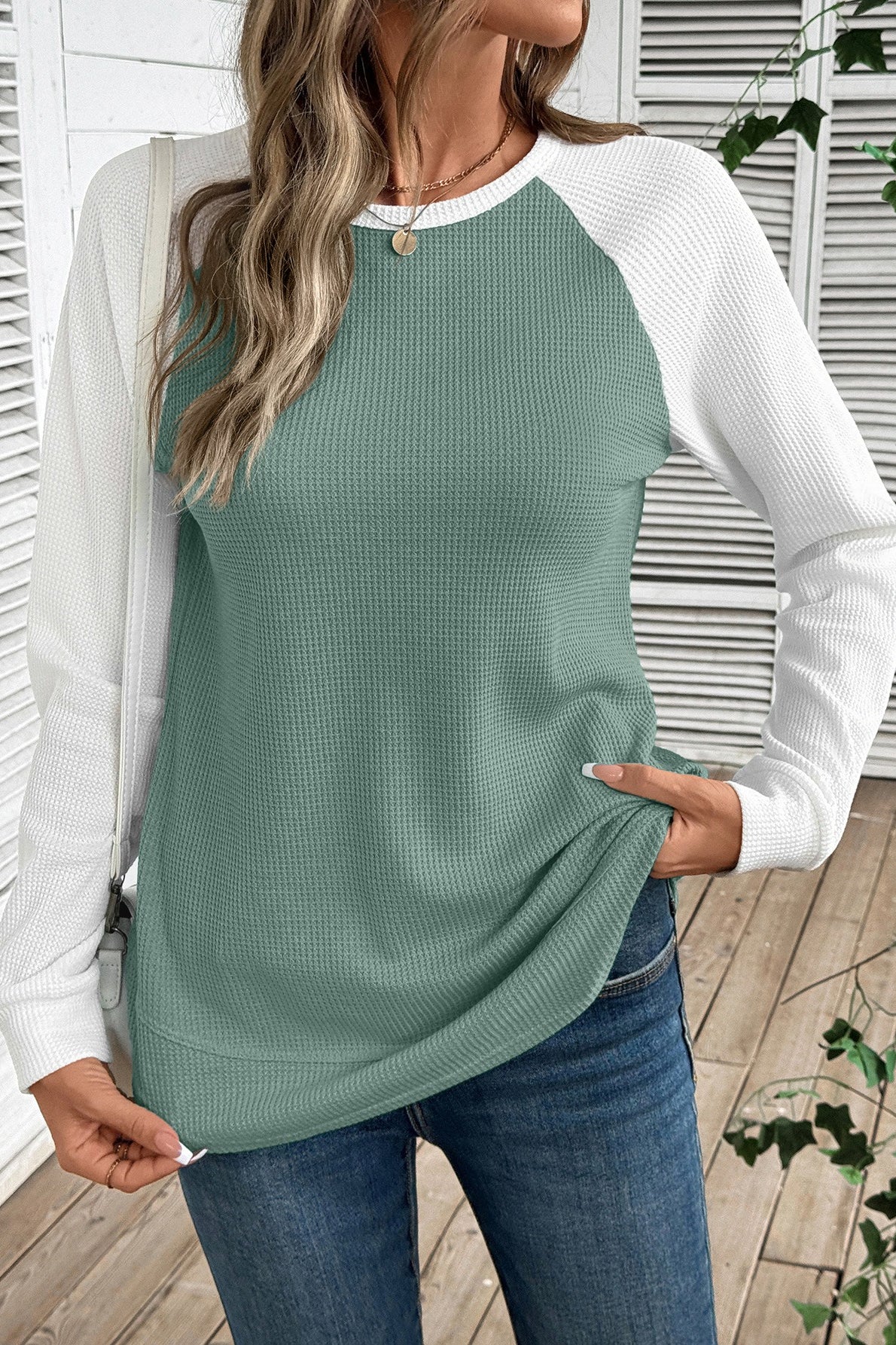 Colorblock Cotton Top Casual Waffle Raglan Sleeve
