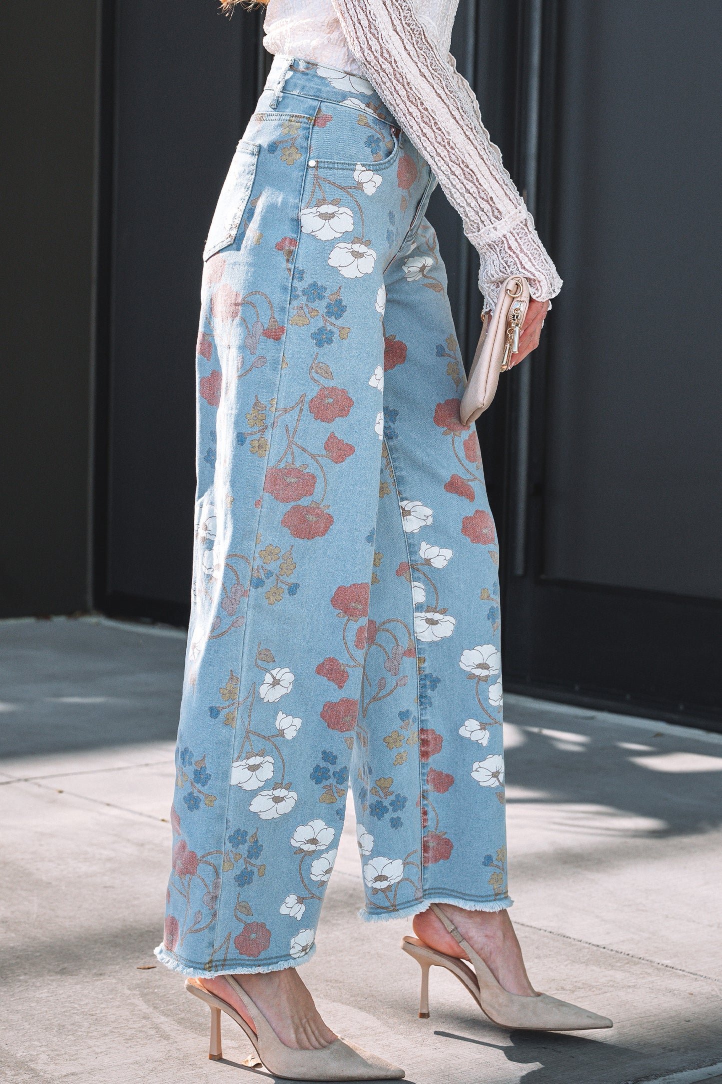 Sky Blue Floral Printed Raw Hem Shift Jeans