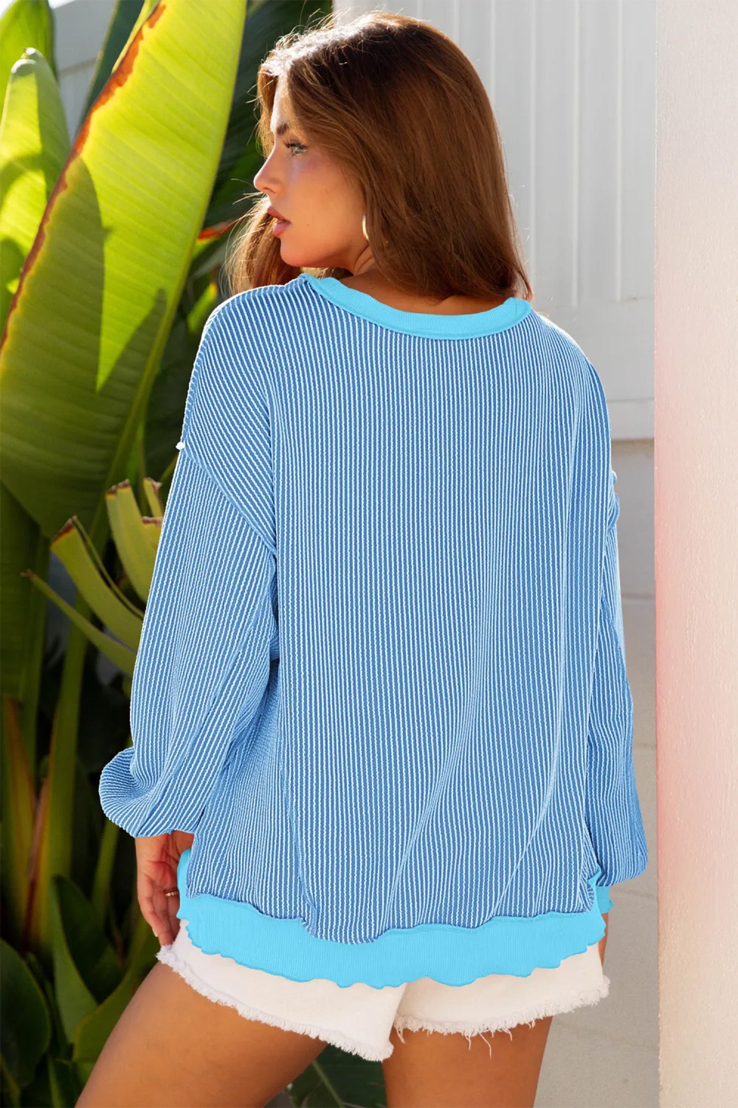 Myosotis Sequin Easter Eggs Twisted Rib Exposed Seam Color Block Top