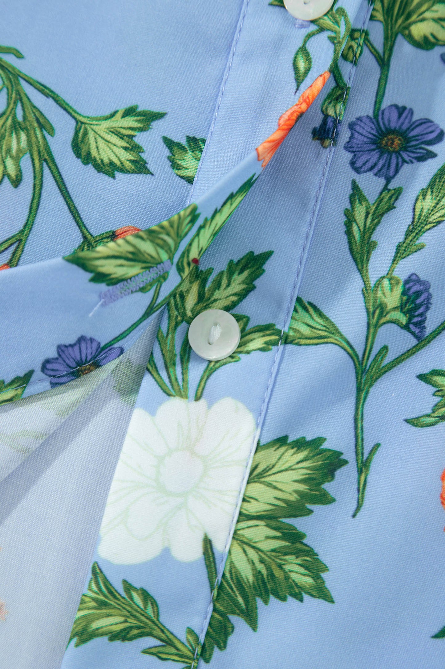 Sky Blue Floral Print Bracelet Sleeve Button Down Casual Shirt