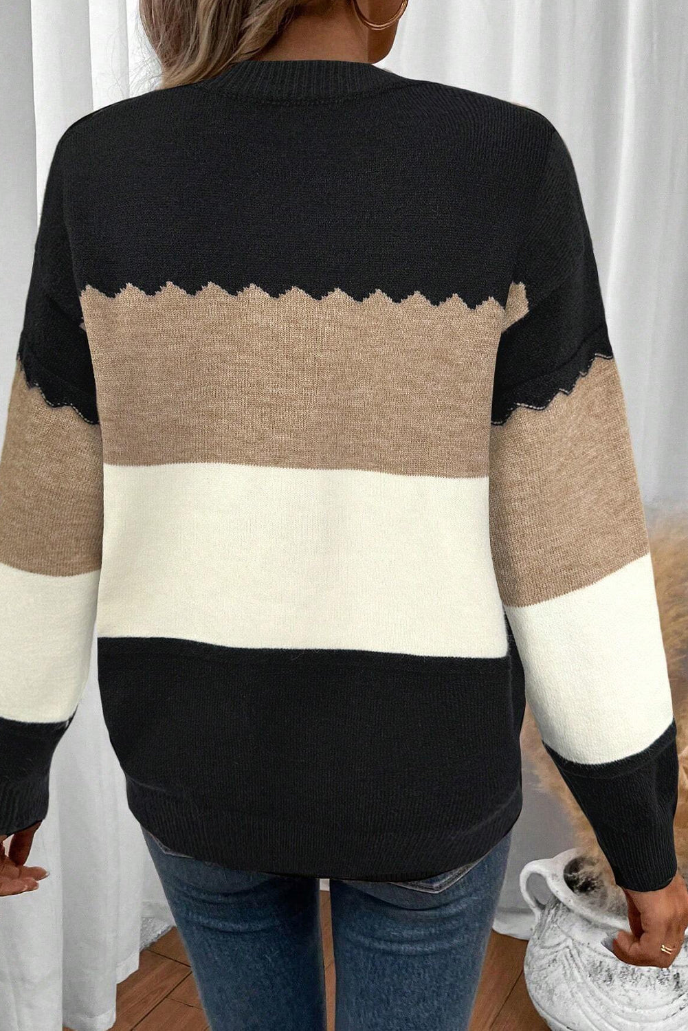 Brown Colorblock Crew Neck Drop Shoulder Sweater