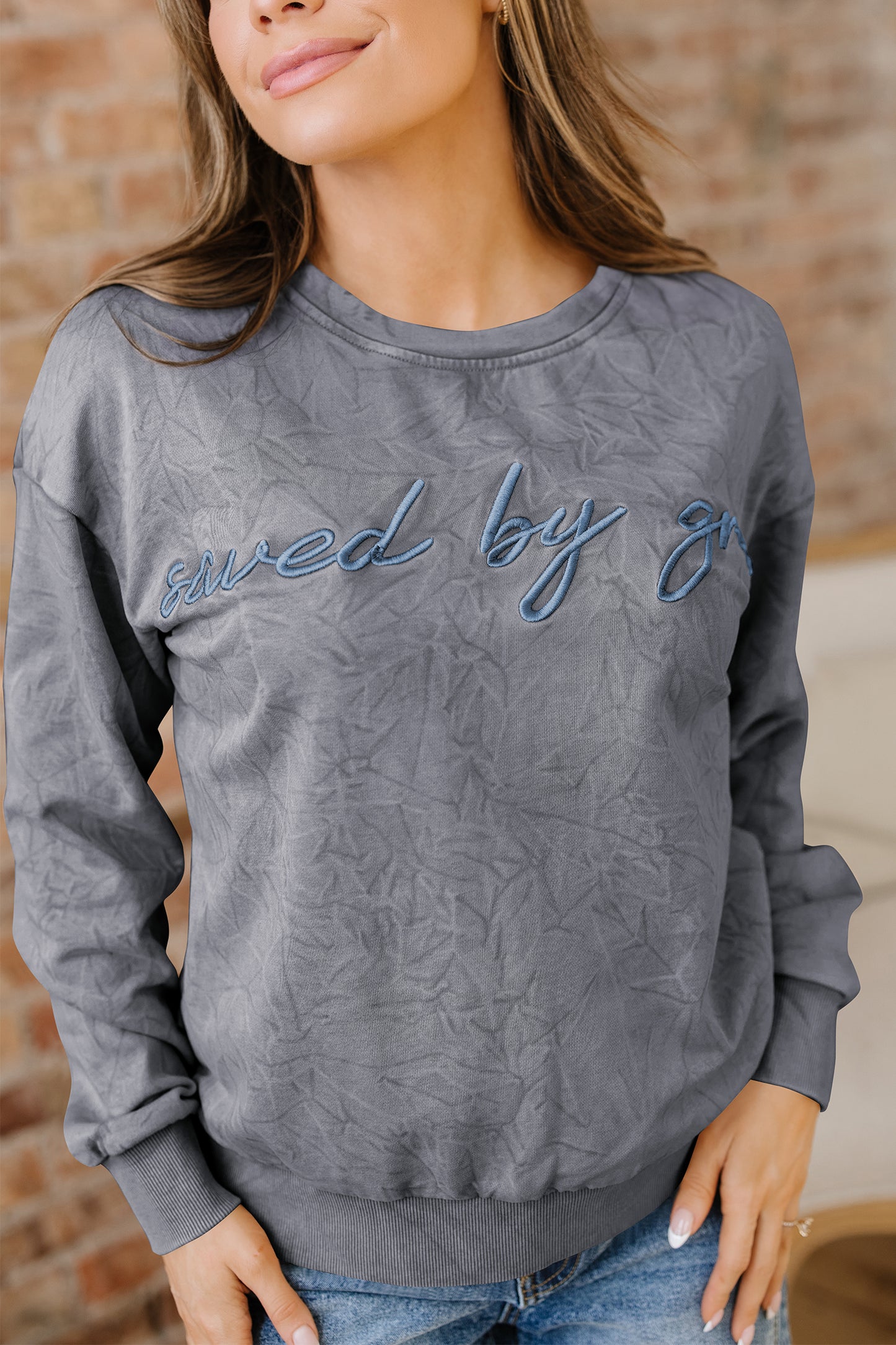 Saved by grace Letter Embroidery Mineral Wash Loose Sweatshirt