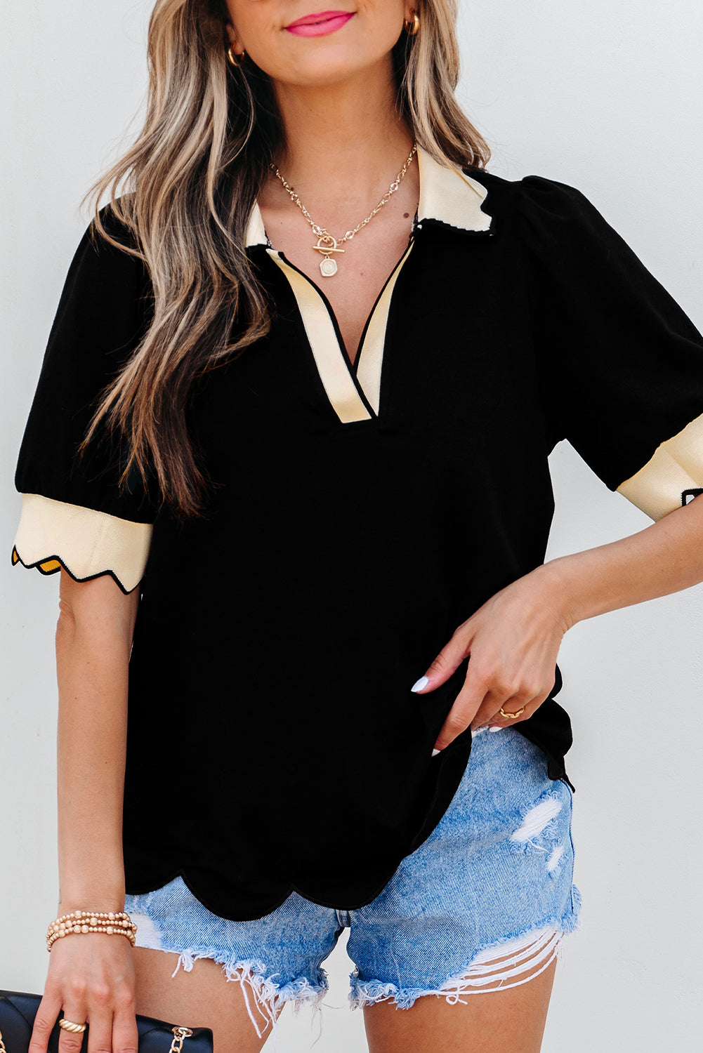 Black Color Contrast Collared V Neck Puff Sleeve Blouse