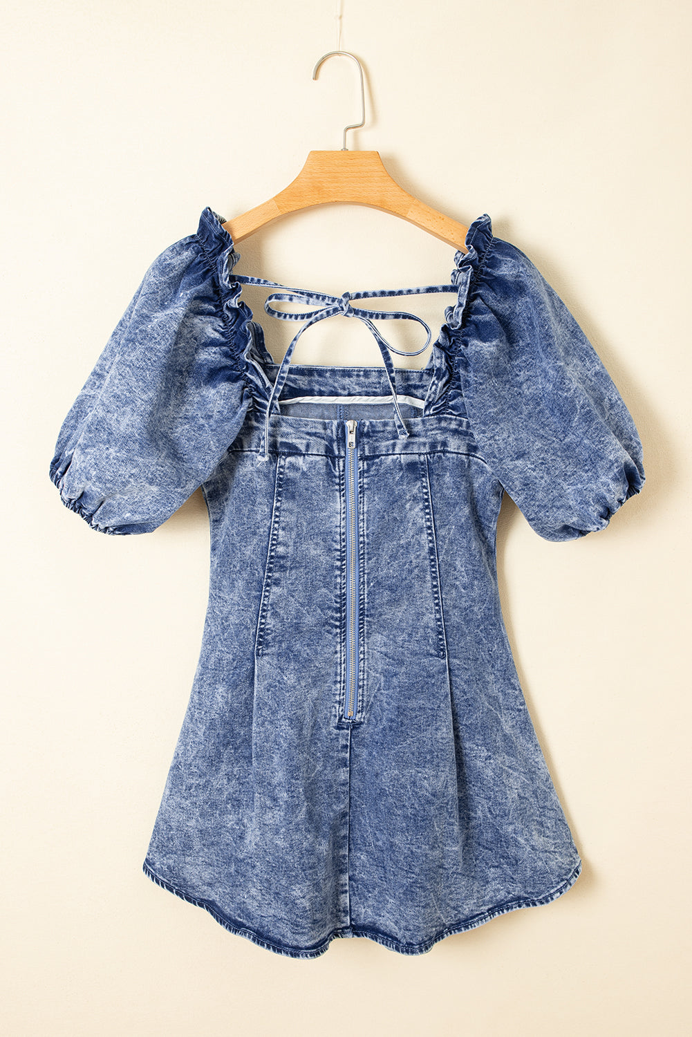 Frilly Square Neck Puff Sleeve Denim Bustier Dress