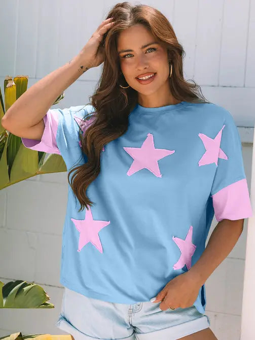 Smoke Green Frayed Denim Star Patched Oversize T Shirt