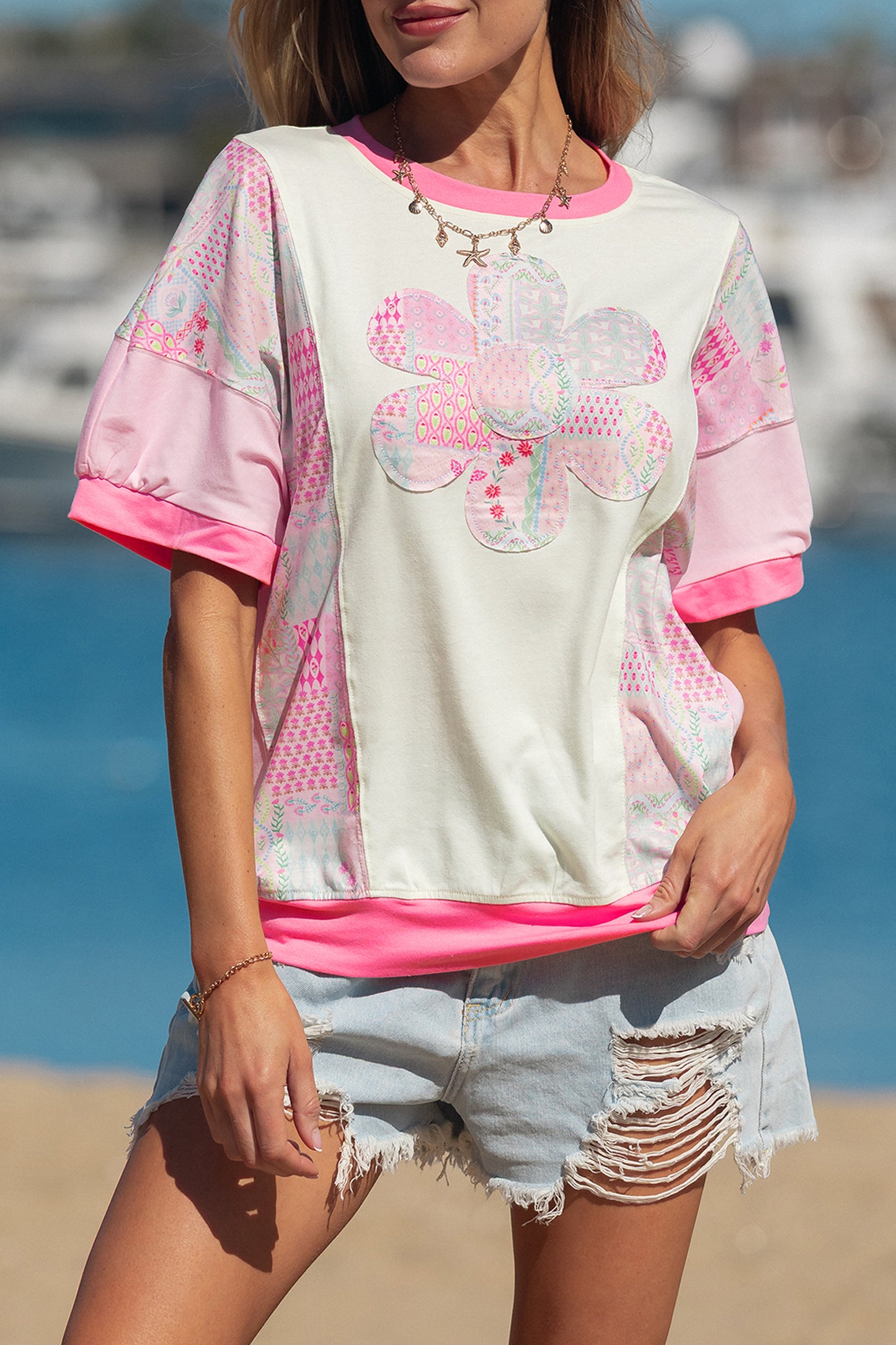 Beige Color Block Floral Patchwork Big Flower Accent Relaxed Top