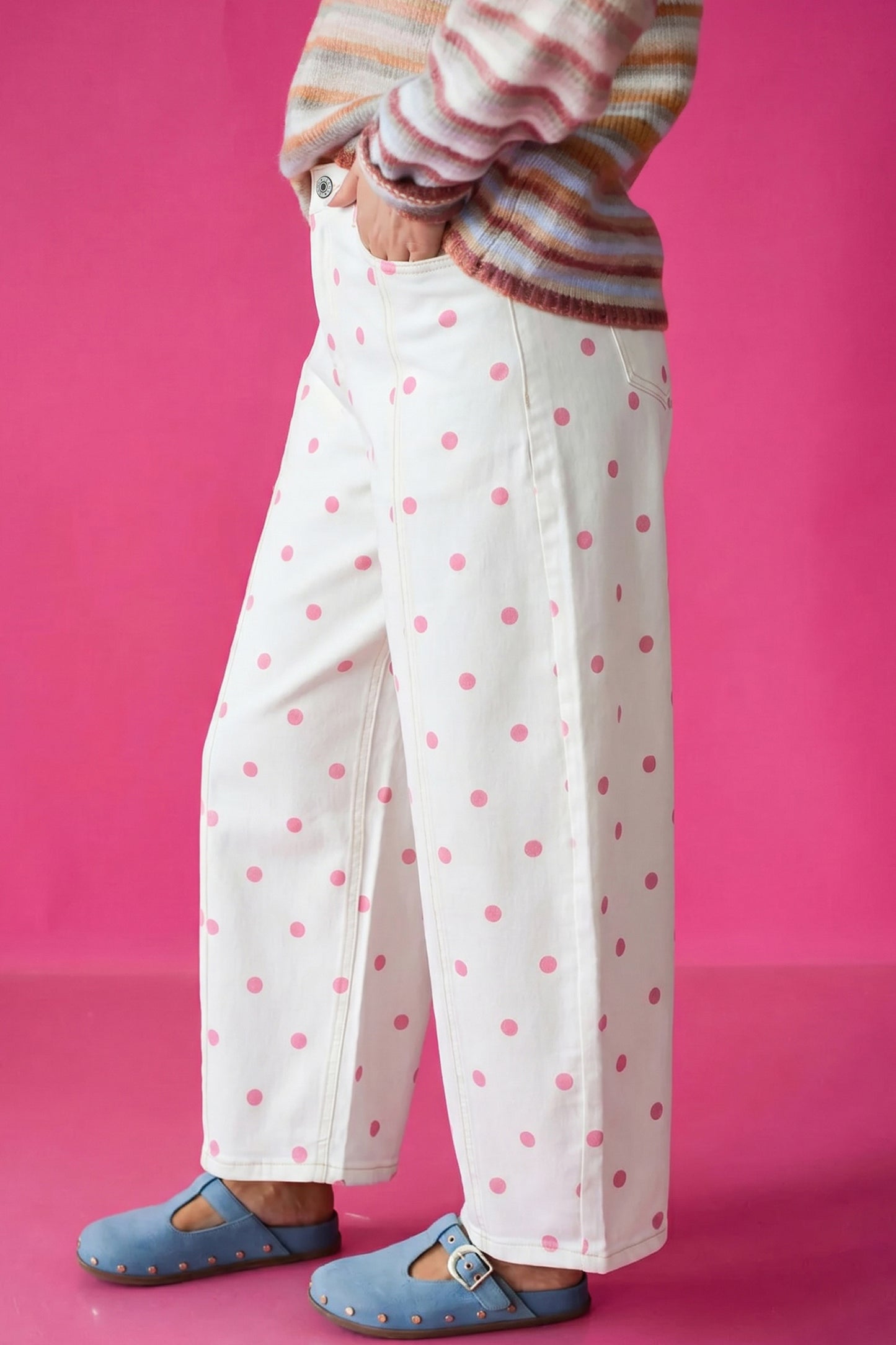 Polka Dot Cotton Jeans Casual High Waist Wide Leg