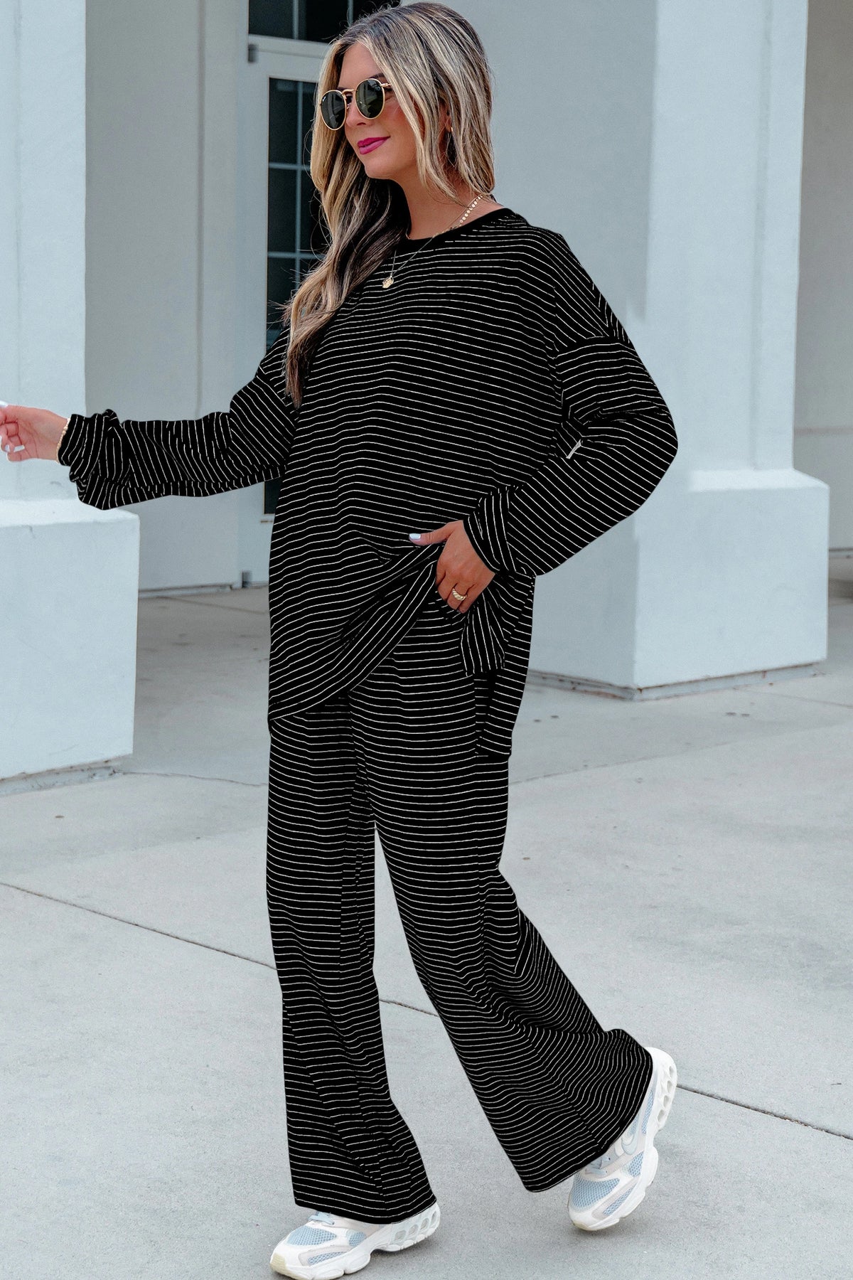 Green Stripe Dropped Shoulder Long Sleeve Top Elastic Waist Pants Casual 2pcs Set