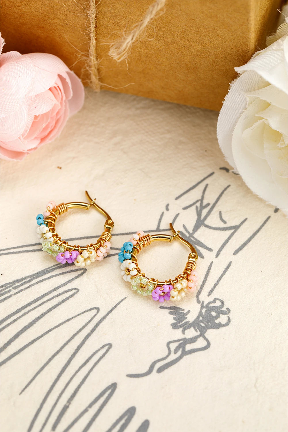 Gold Beaded Flower Hoop Alloy Earrings