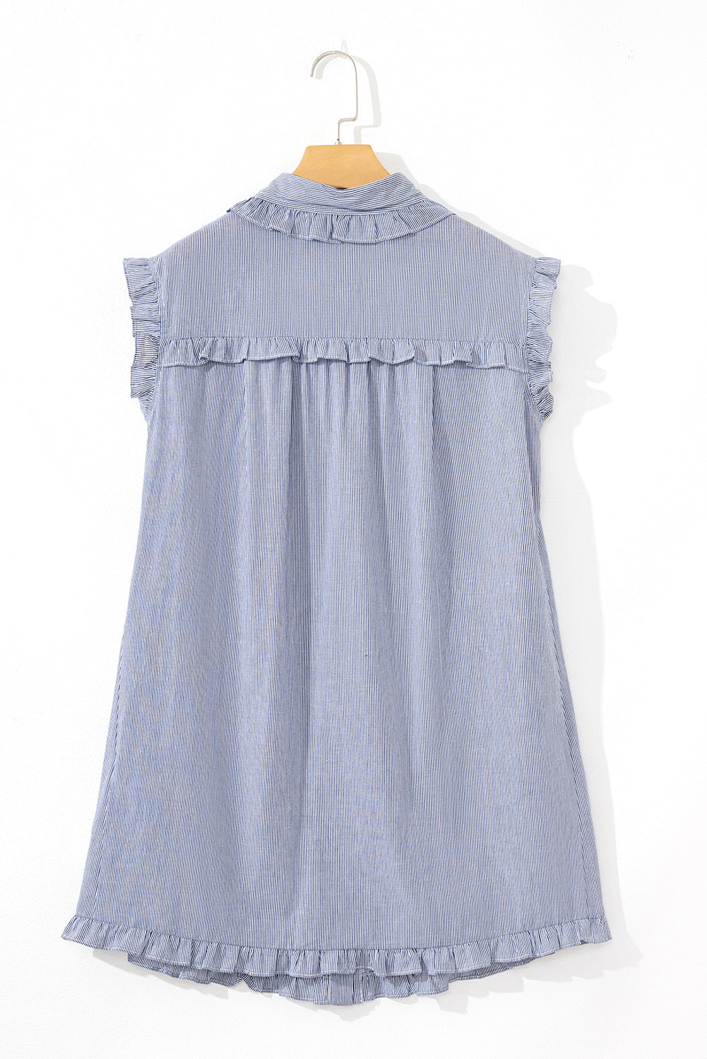 Blue Stripe Frilled Sleeveless Collar Front Pocket Button Up Mini Dress