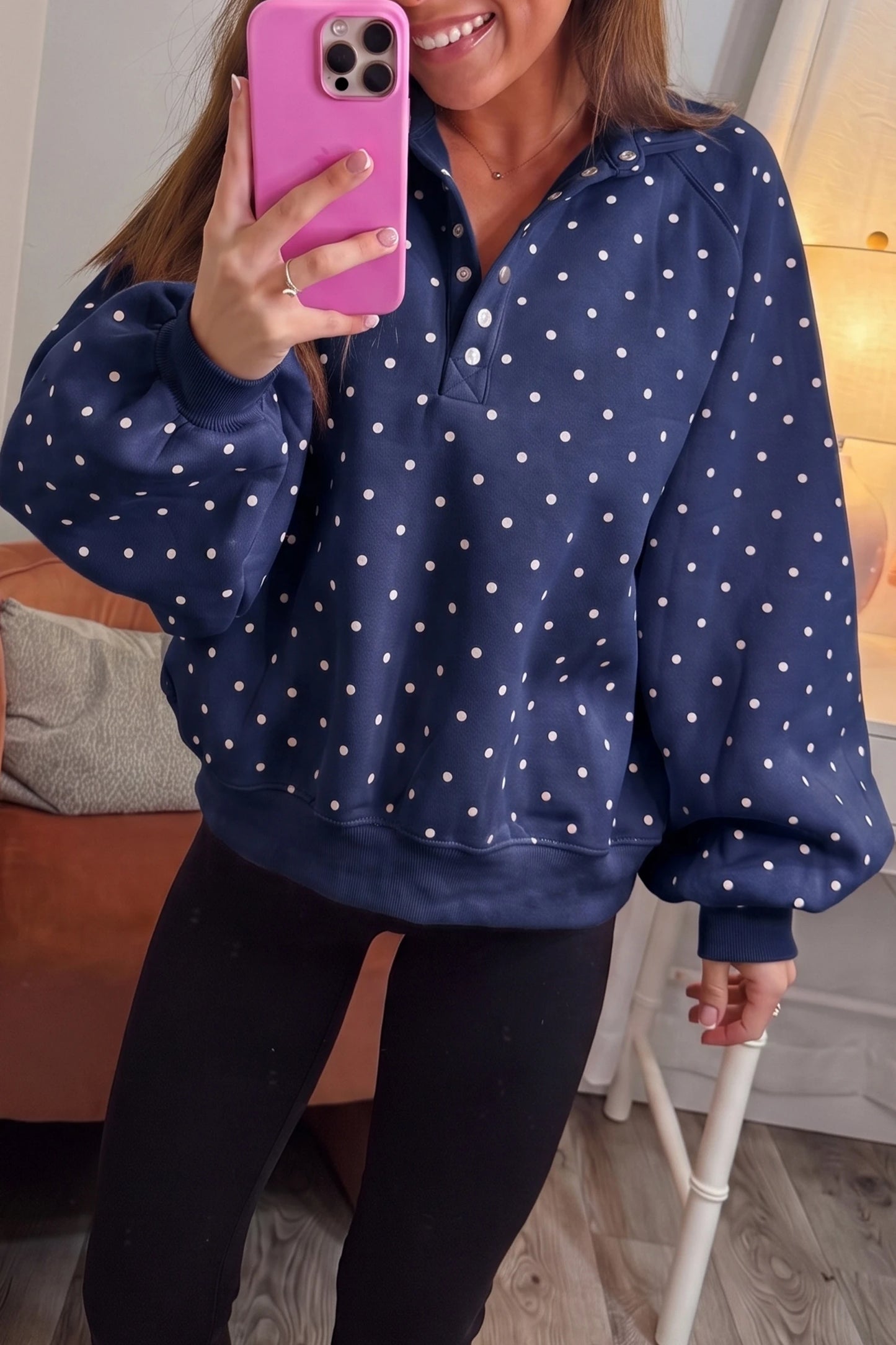 Polka Dot Print Metal Button Collar Casual Pullover Sweatshirt