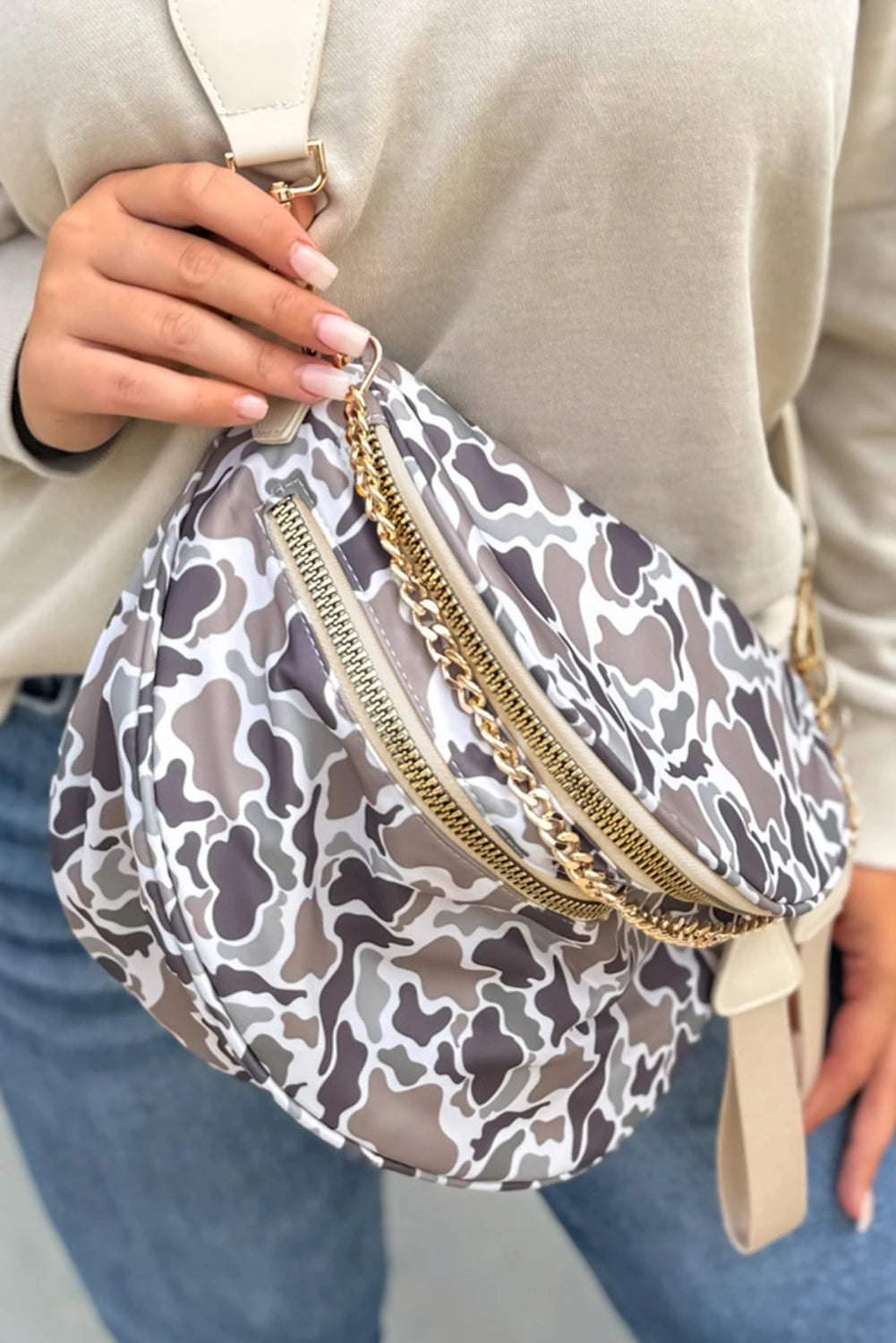 Print Gold Chain Strap Double Zipper Crossbody Bag