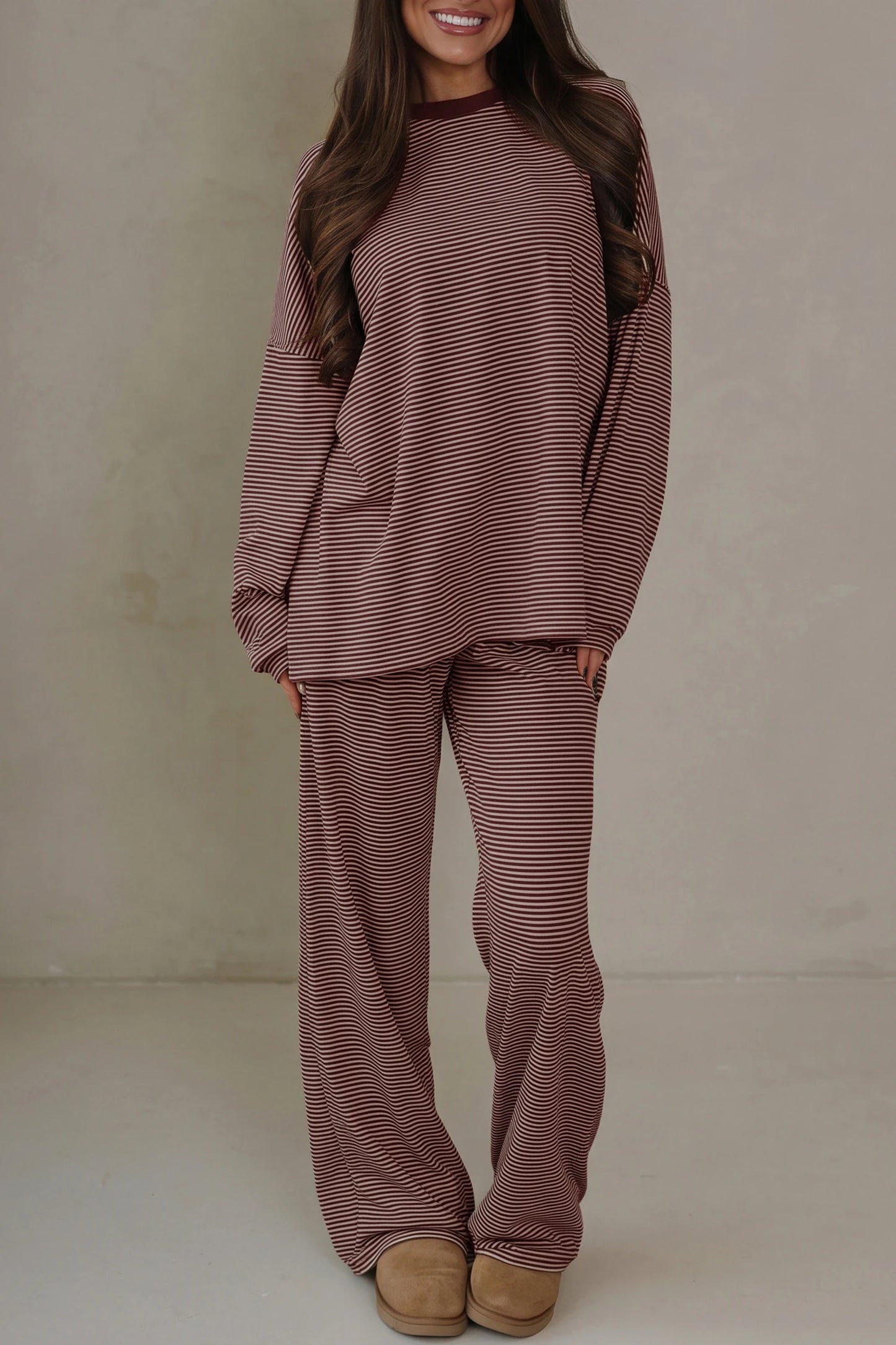 Pink Striped Drop Shoulder Long Sleeve Pant Set