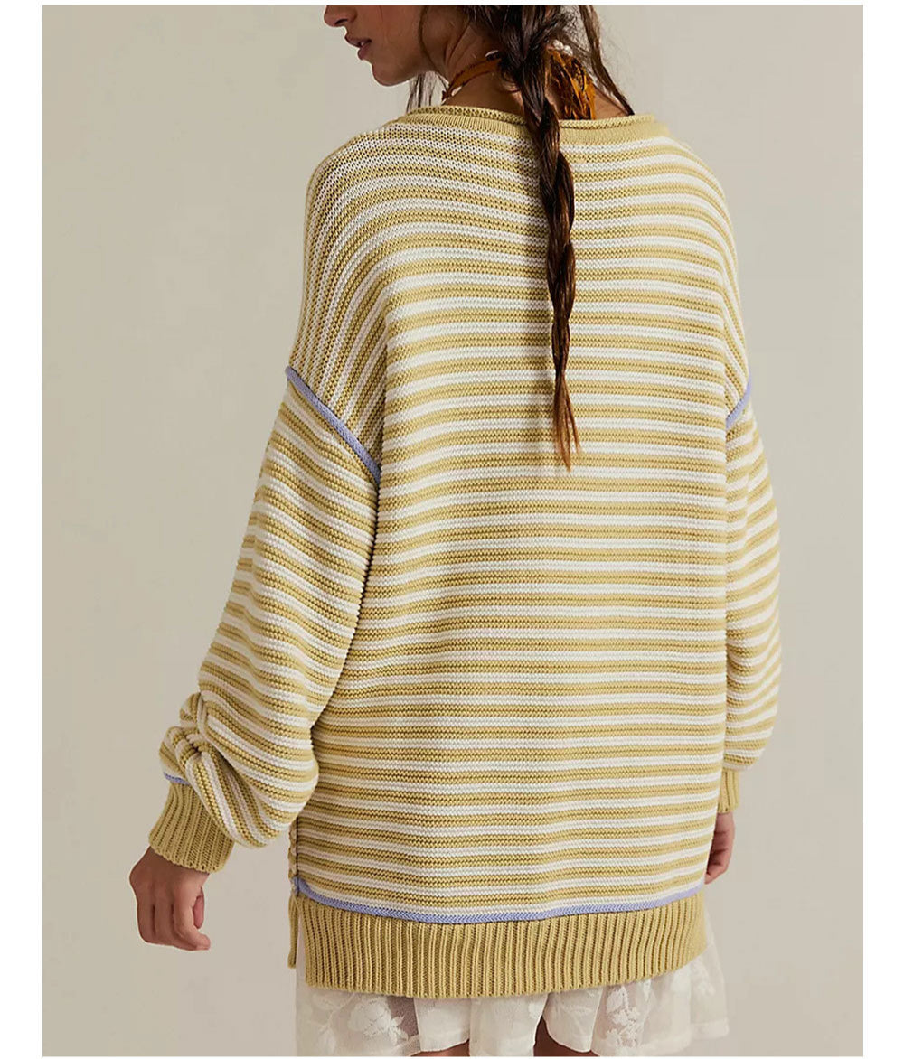 Striped Knit Pullover Sweater | Loose Fit Crewneck Top