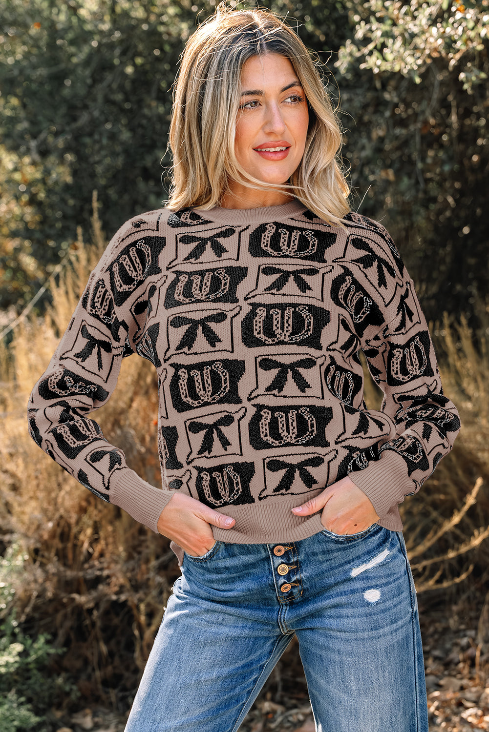 Brown Bows & Horseshoes Pattern Western Fashion Print Sweater
