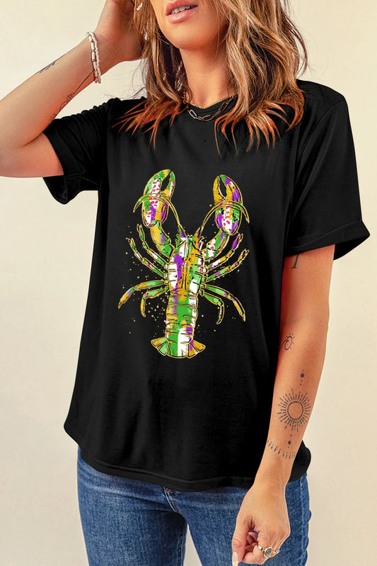 Black Mardi Gras Lobster Heat Transfer Graphic T Shirt