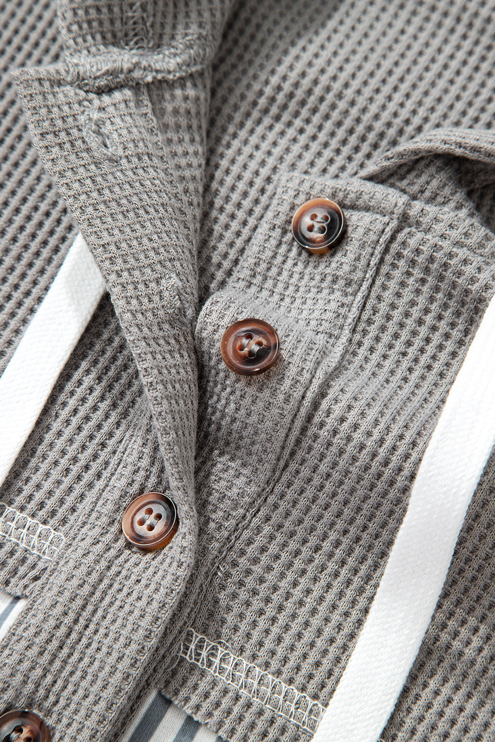 Cinnamon Waffle Printed Patchwork Drawstring Hooded Long Sleeve Top