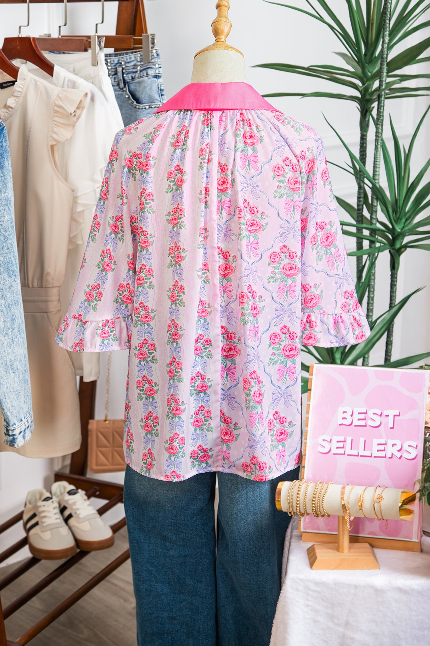 Purple Floral Collared Ruffled Half Sleeve Shirt