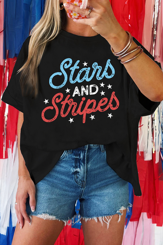 Black July 4th Stars AND Stripes Vintage Letter Graphic Tee