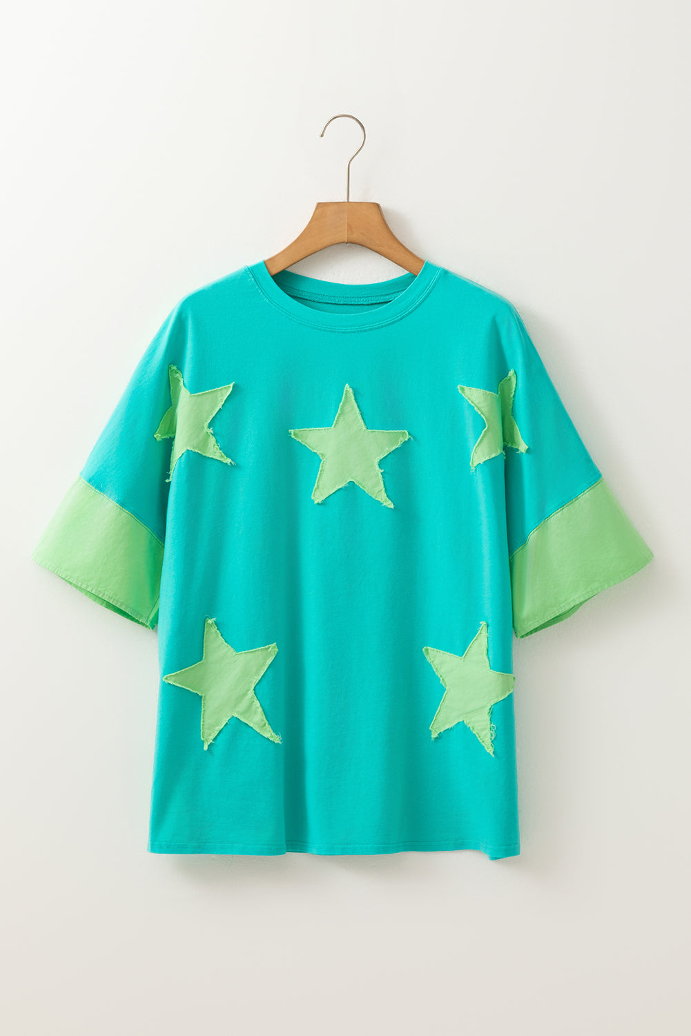 Smoke Green Frayed Denim Star Patched Oversize T Shirt