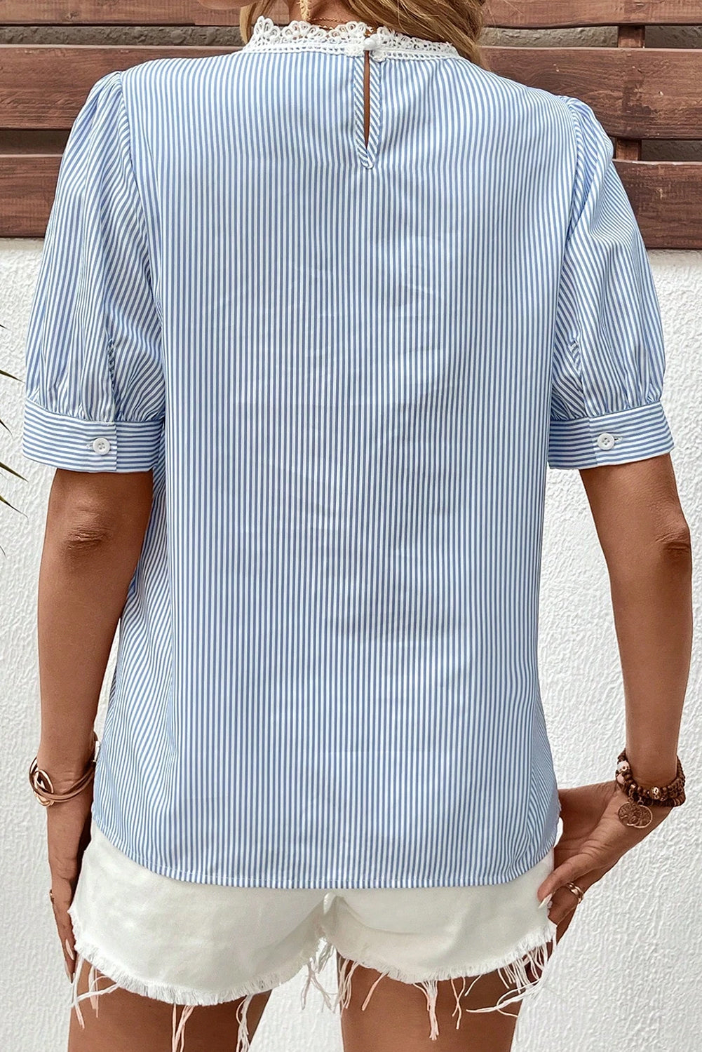 Sky Blue Stripe Floral Lace Splicing Puff Sleeve Blouse