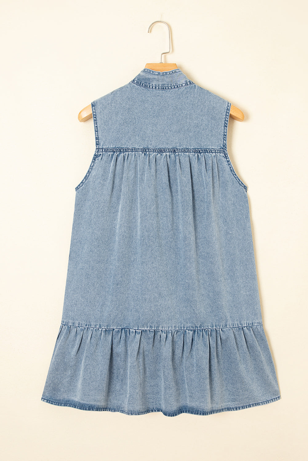 Beau Blue Bowknot Neck Sleeveless Ruffled Chambray Dress