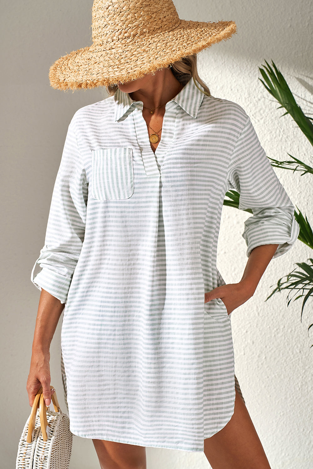 Stripe Collared V Neck Chest Pocket Long Sleeve Beach Cover up