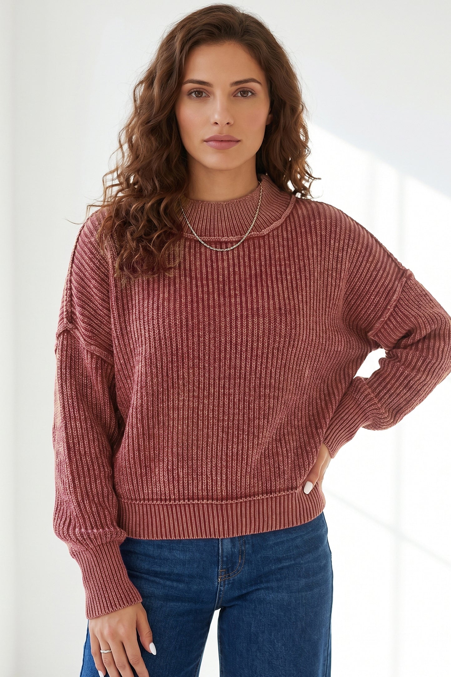 Red Dahlia Drop Shoulder High Neck Ribbed Sweater